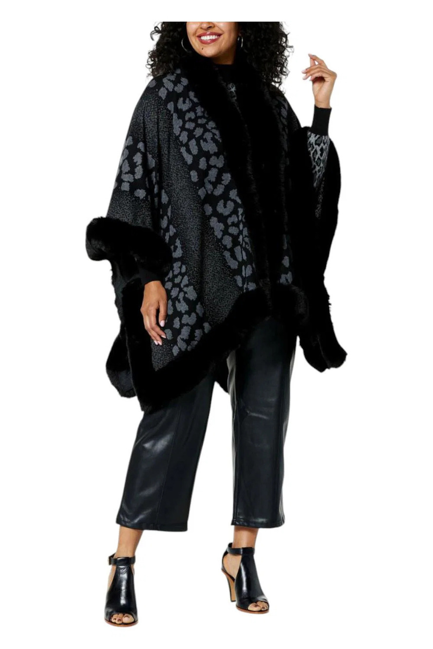 kathy ireland Women's Fashion360 Skies FauxFur Trim Cape Black Combo - Missy